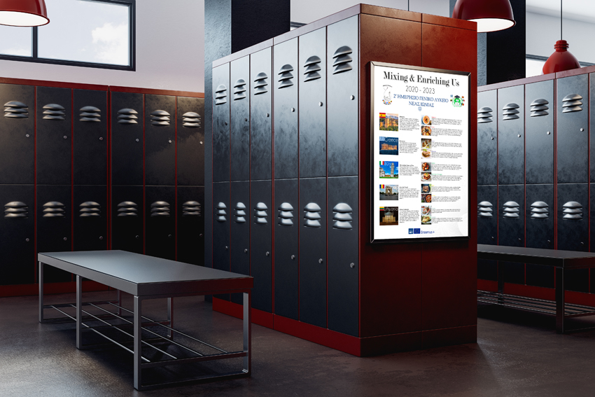 Modern locker room interior with empty frame. Sports advertisement concept. Mock up, 3D Rendering